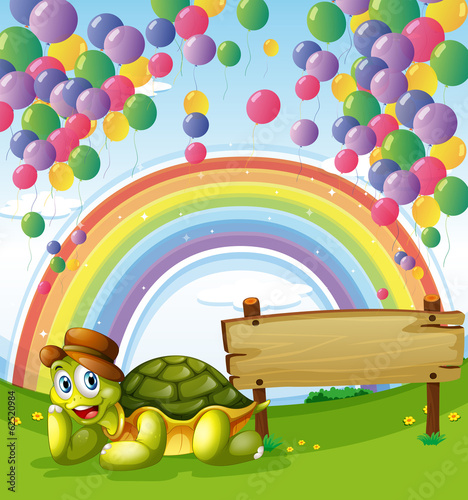 A turtle beside the empty board with a rainbow and floating ball