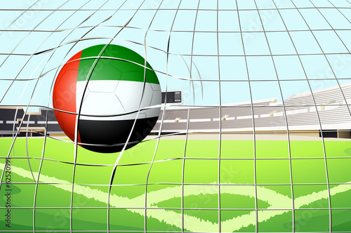 A ball hitting a goal with the United Arab Emirates flag