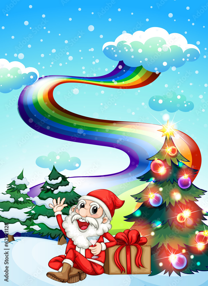 A smiling Santa with a rainbow in the sky
