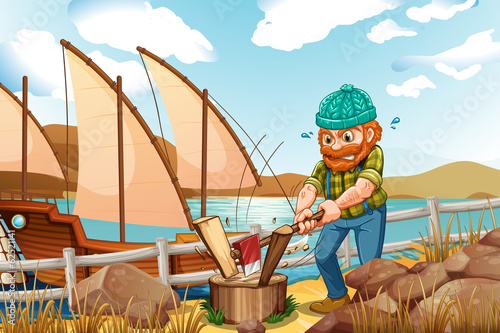 A woodman chopping the woods near the river