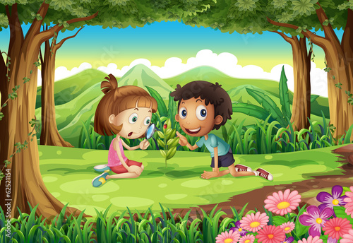 A forest with two kids studying the growing plant with a bug