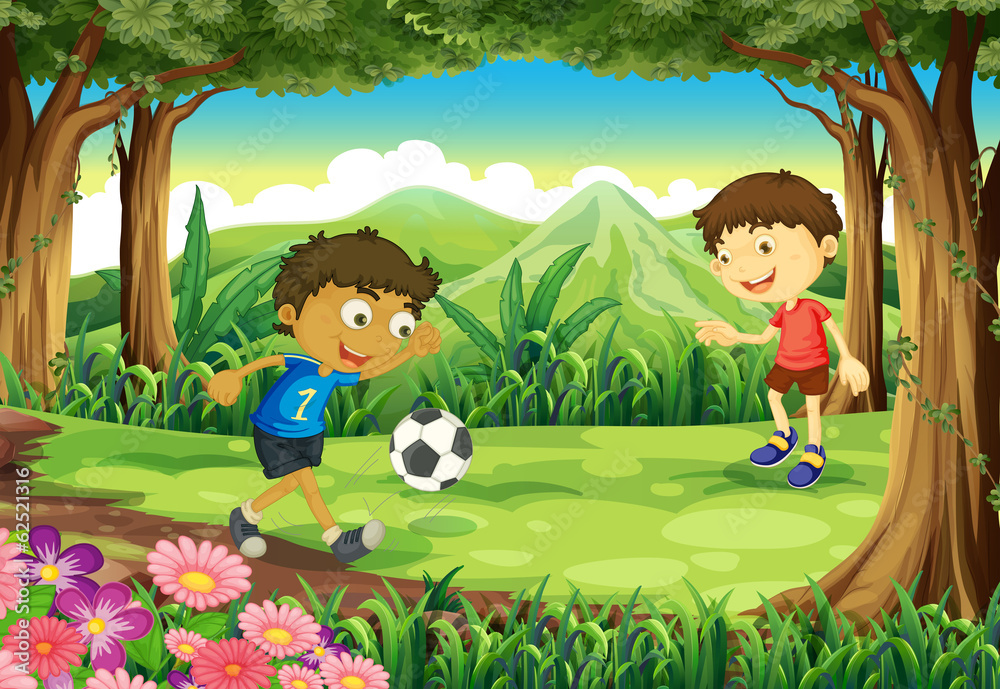 Fototapeta premium A forest with two boys playing soccer