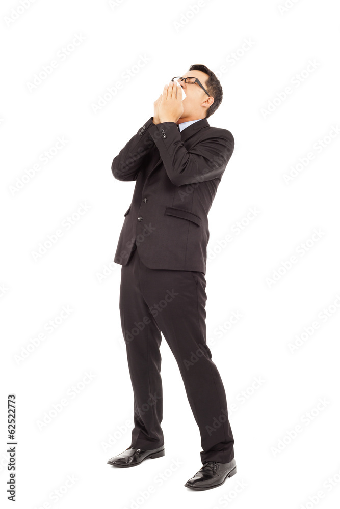 businessman is sneezing with bending body businessman is sneezing with bending body