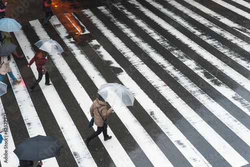 雨の中で傘を差して横断歩道を渡る人々