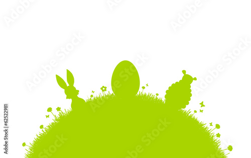 Blumenwiese mit Hase, Ei und Lamm