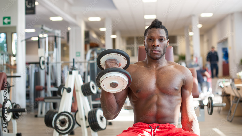 Fototapeta premium Strong black man exercising with dumbbells in the gym.