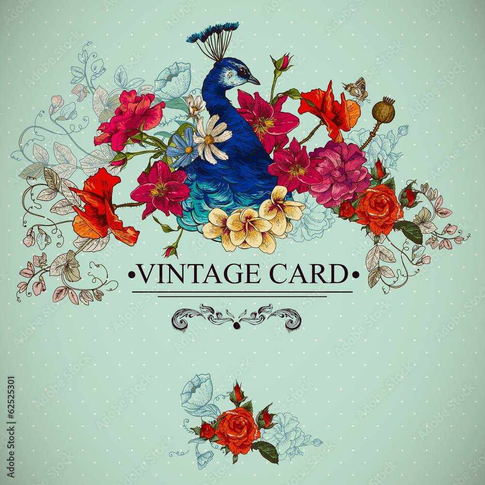 Floral Vintage Card with Peacock