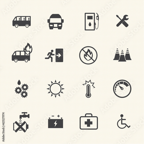 Dangers of bus icons set.