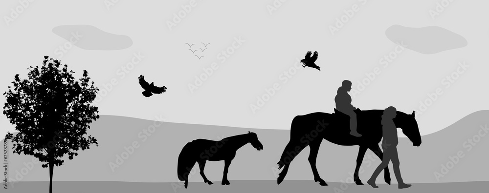 People Walk on, Connie, Birds Fly in Nature. Vector Illustration
