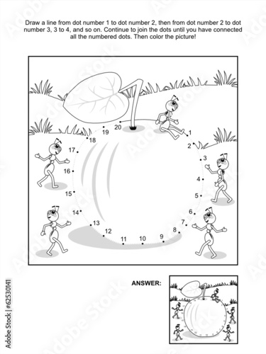 Dot-to-dot and coloring page - apple and ants