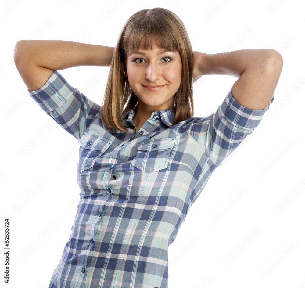 beautiful сaucasian girl, holding his hands behind his head, sm beautiful сaucasian girl, holding his hands behind his head, sm