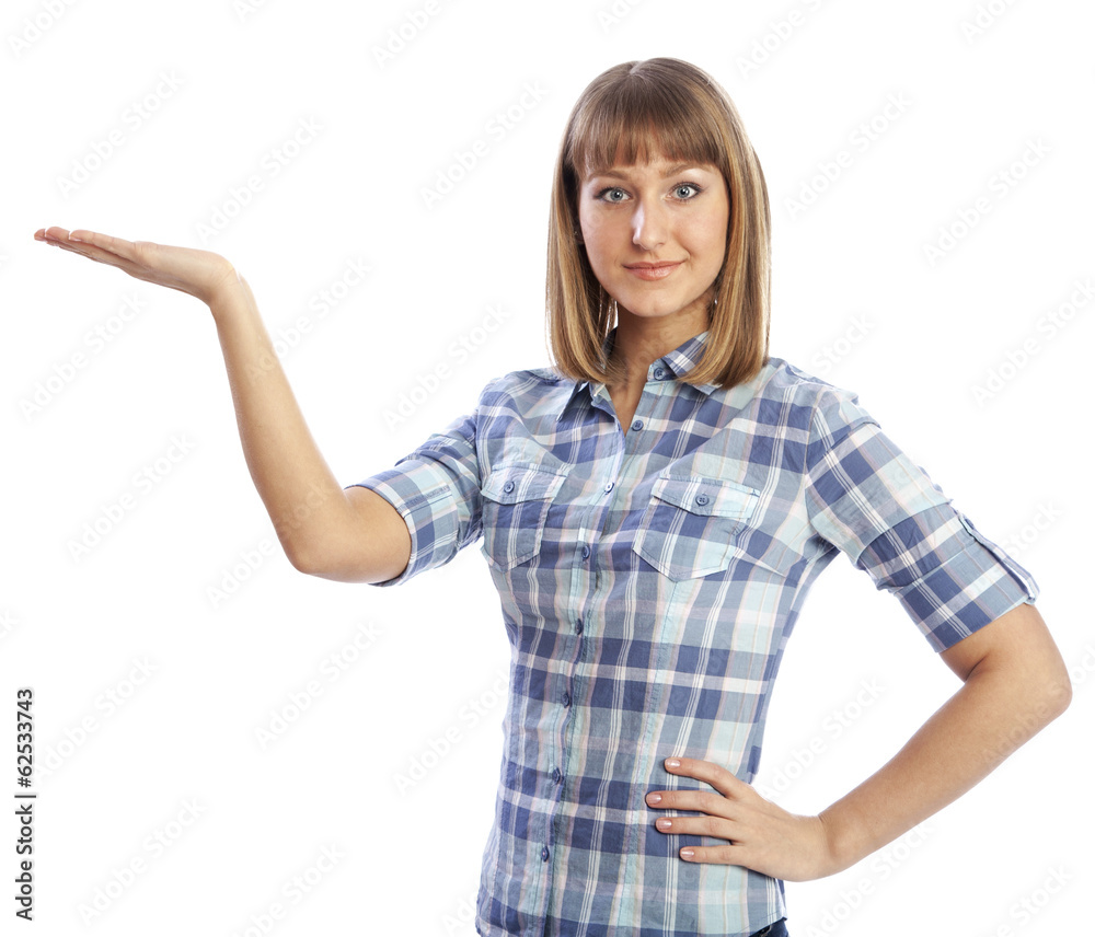 beautiful caucasian girl showing your product. beautiful caucasian girl showing your product.