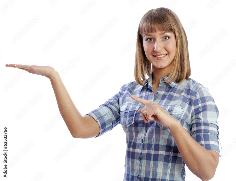 beautiful woman showing your product. beautiful woman showing your product.