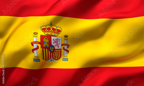 Flag of Spain blowing in the wind. Full page Spanish flying flag. 3D illustration. #62533722