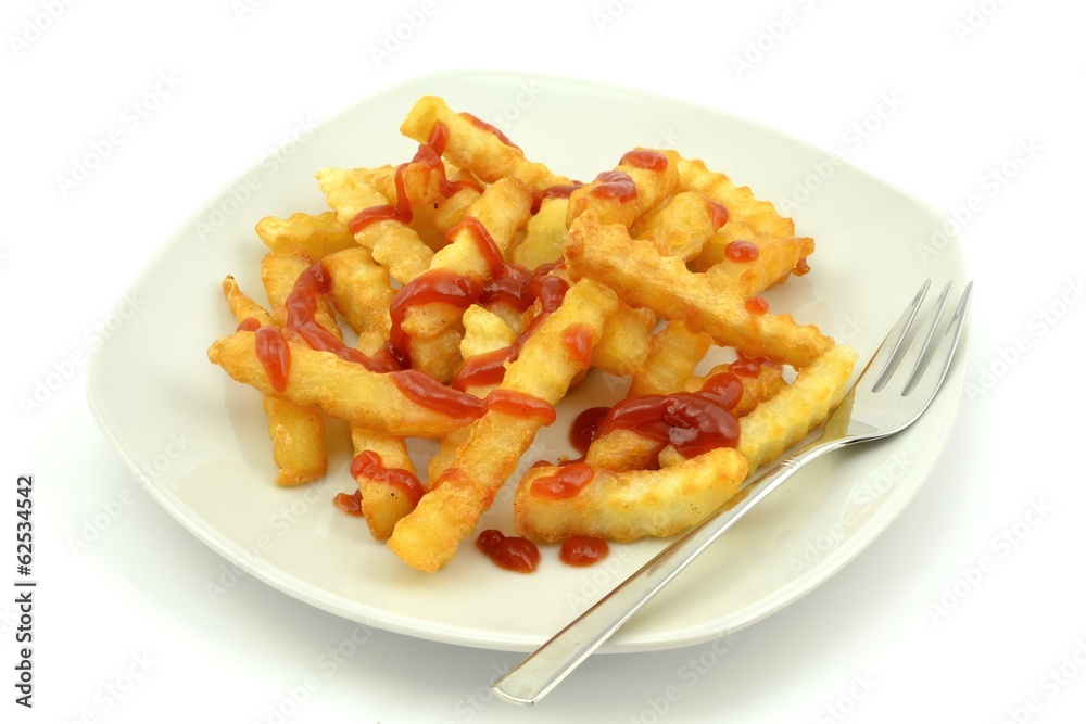 french fries with ketchup - obrazy, fototapety, plakaty 