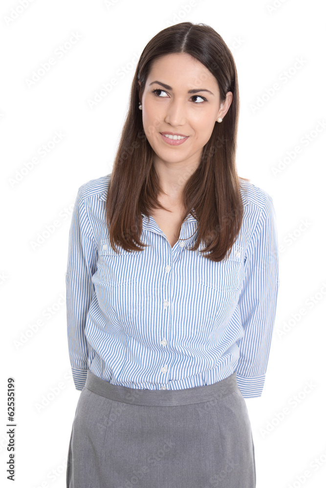 Neugierige junge Business Frau in blauer Bluse freigestellt Neugierige junge Business Frau in blauer Bluse freigestellt