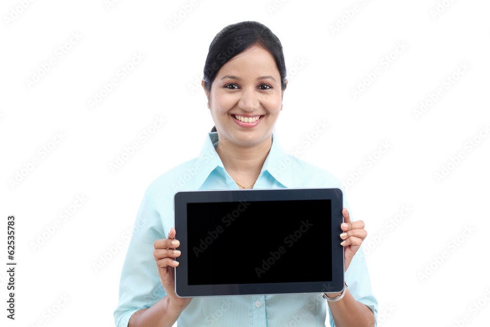 Happy young business woman showing tablet Happy young business woman showing tablet
