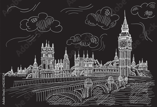 Big Ben tower in London. Vector illustration of popular attraction. Sketch illustration on the black background. Beautiful landscape of sightseeing. Clock tower with bridge. Palace of Westminster