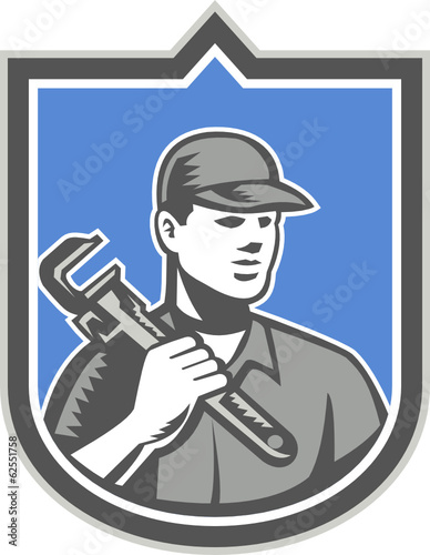 Plumber Holding Wrench Woodcut Shield