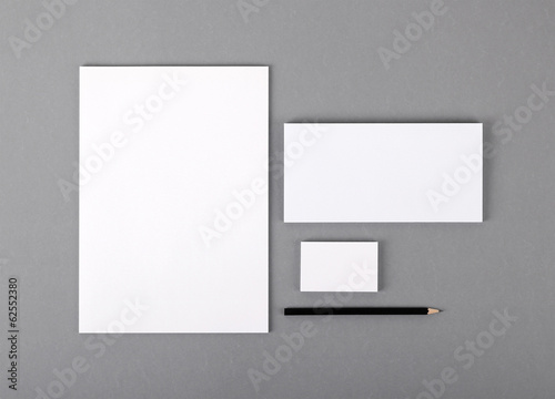 Blank basic stationery. Letterhead flat, business card, envelope
