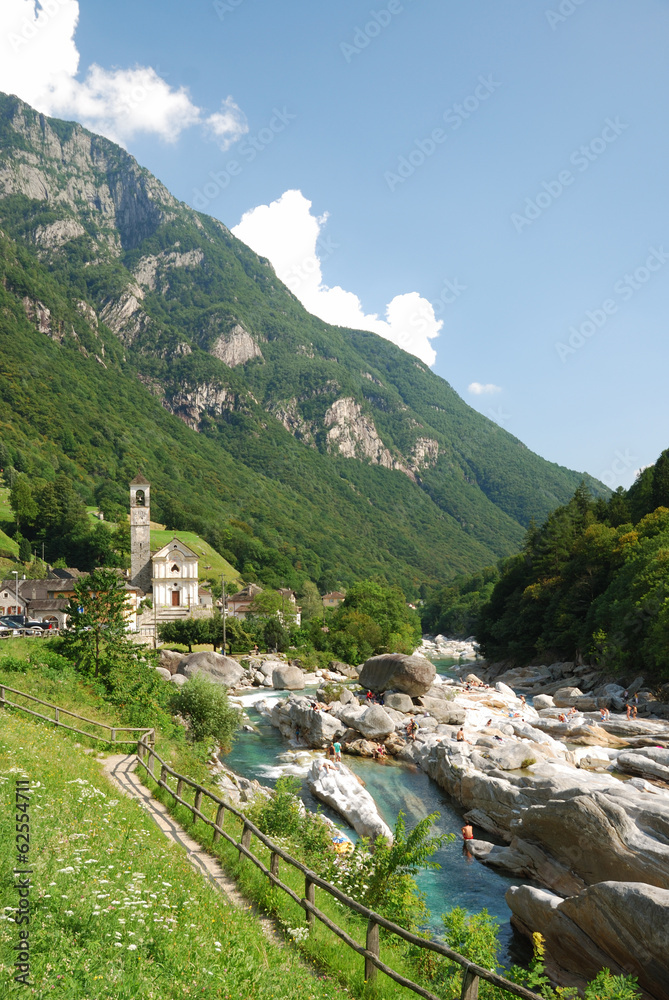 Valley of the mountain river Verzaska in summer Swiss Alps.