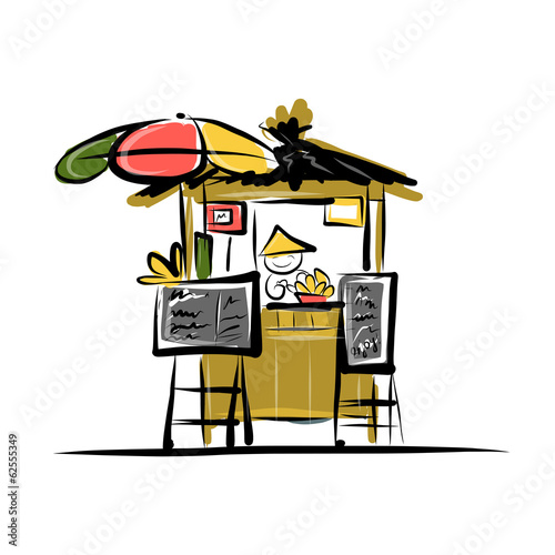 Asian retail seller on street market, sketch for your design