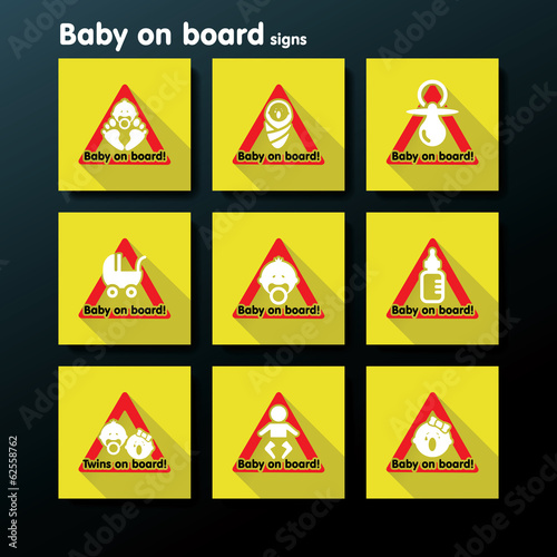 Vector flat baby on board sign set