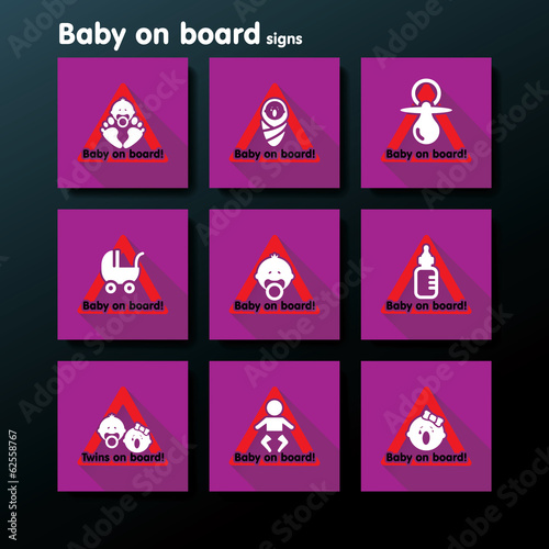Vector flat baby on board sign set