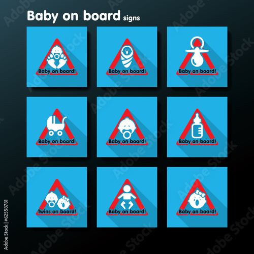 Vector flat baby on board sign set