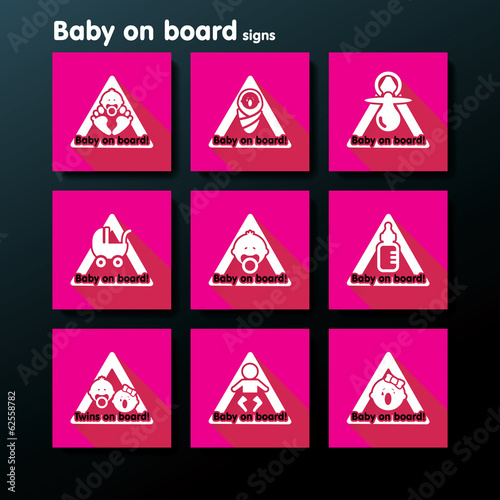 Vector flat baby on board sign set