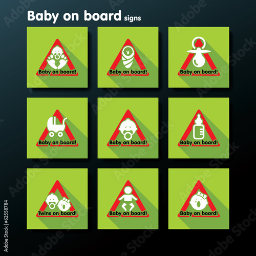 Vector flat baby on board sign set
