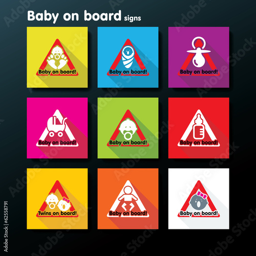 Vector flat baby on board sign set
