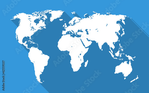 World map with long shadow on blue background