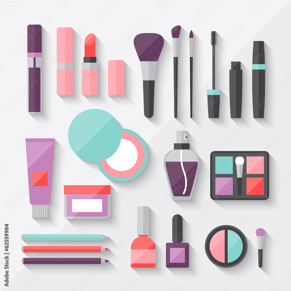 Set of colored cosmetics icons in flat style. Set of colored cosmetics icons in flat style.