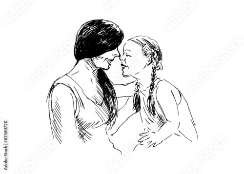 Hand drawing a mother playing with her daughter