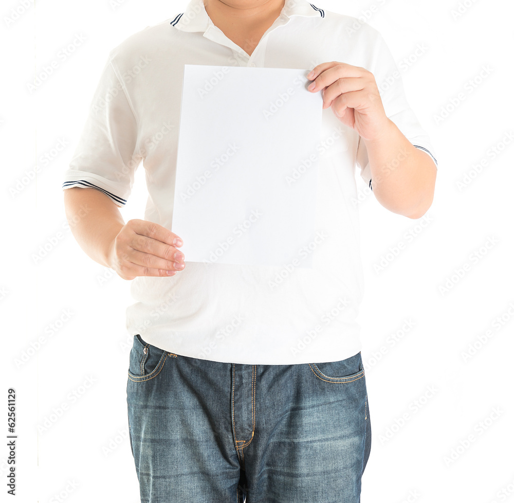 close up of man hands showing white blank board close up of man hands showing white blank board