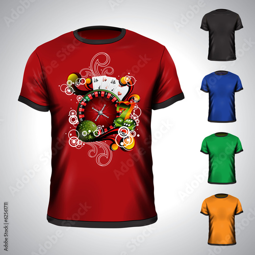 Vector t-shirt set on a casino theme with roulette wheel.