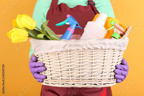 Fototapeta Naklejka Na Ścianę i Meble -  Housewife holding basket with cleaning equipment