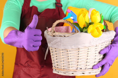 Fototapeta Naklejka Na Ścianę i Meble -  Housewife holding basket with cleaning equipment
