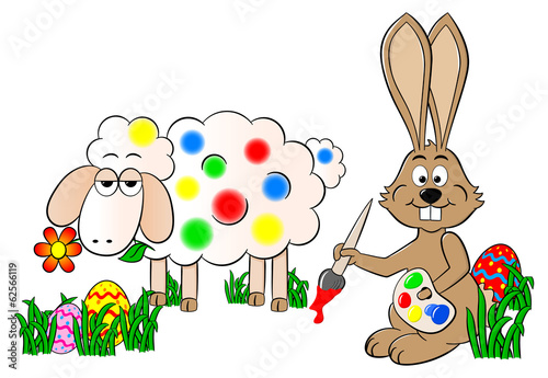 Osterhase malt ein Schaf bunt an