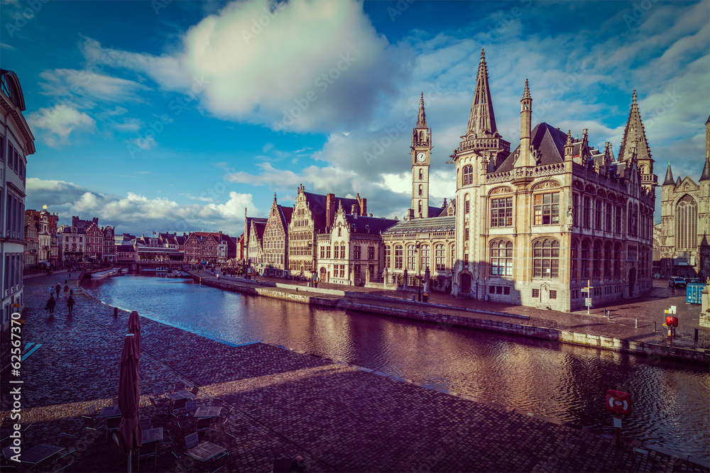 Fototapeta premium Ghent canal and Graslei street. Ghent, Belgium