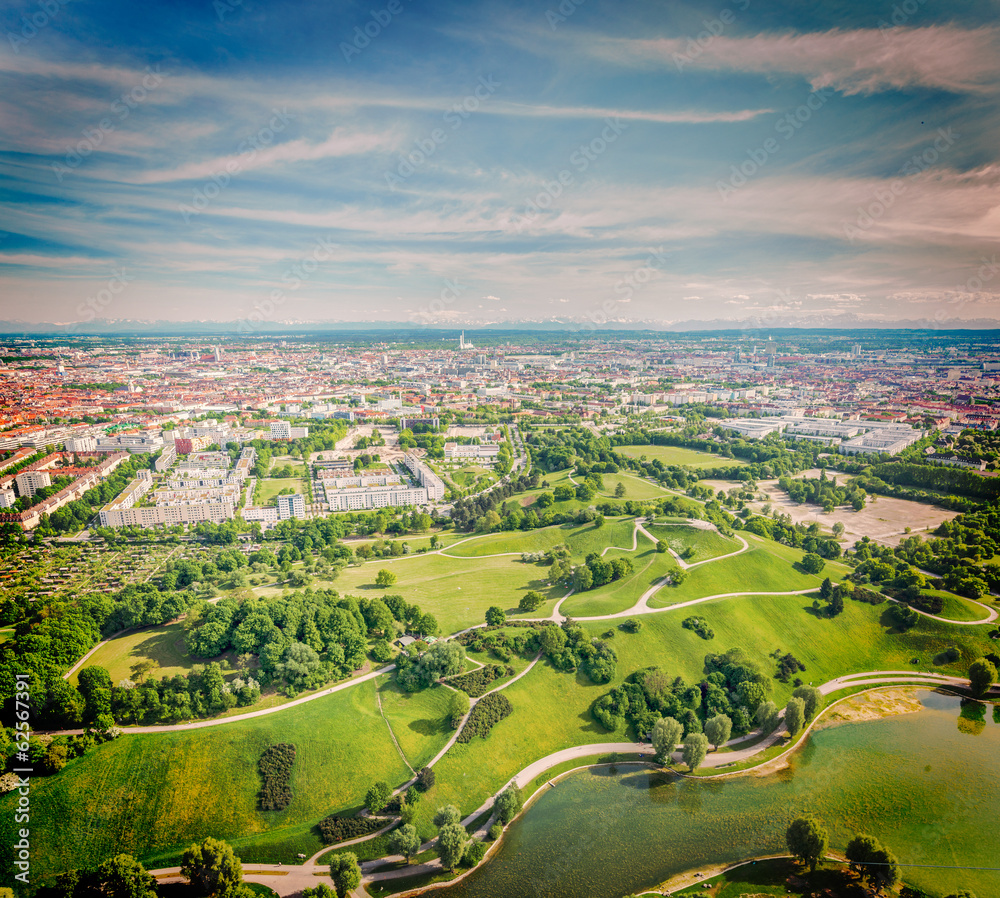 Aerial view of Olympiapark . Munich, Bavaria, Germany