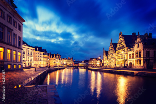 Ghent canal, Graslei and Korenlei streets in the evening. Ghent, © Dmitry Rukhlenko