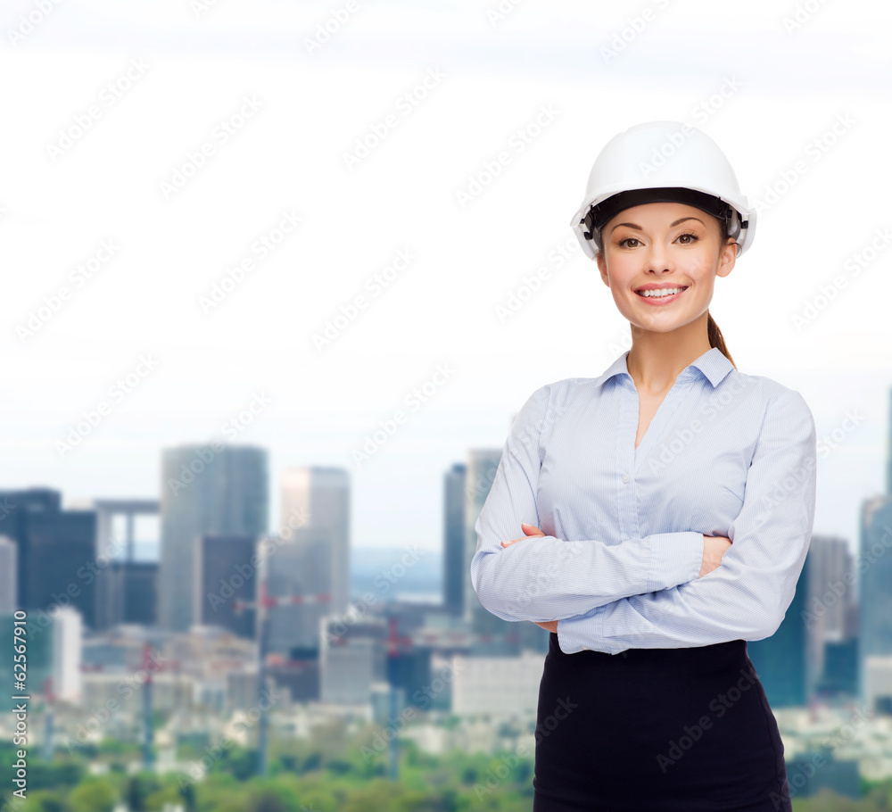 friendly smiling businesswoman in white helmet friendly smiling businesswoman in white helmet