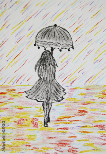 Girl with umbrella goes under a colored rain  pastel drawing