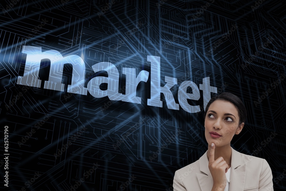 Market against futuristic black and blue background Market against futuristic black and blue background