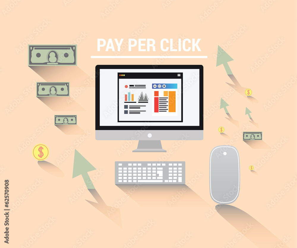 Pay per click vector with computer and dollars Pay per click vector with computer and dollars