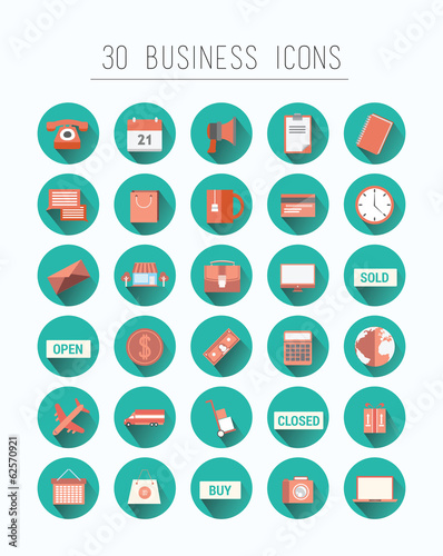 Thirty business icons vector in blue