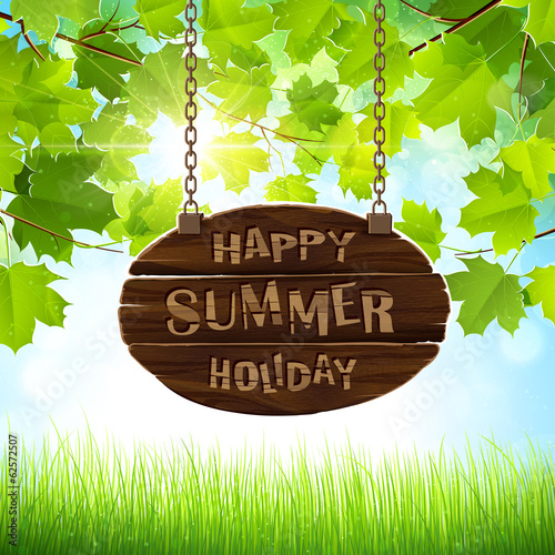 Natural background with leaves and wooden sign. Vector