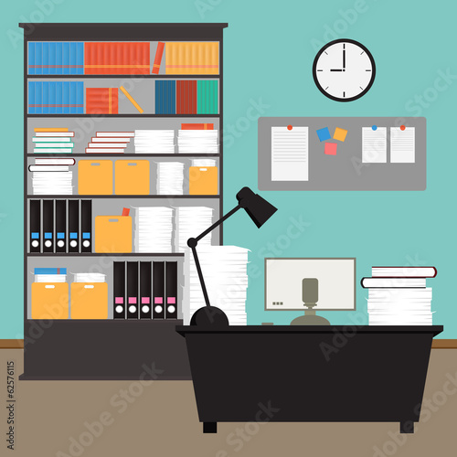Vector Office room.interior,books,desk,clock,computer,paper
